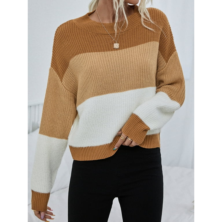 Crazy June Women s Tricolor Colorblock Drop Shoulder Long Sleeve Sweater Pullover Loose Striped Thermal Top S 3XL Walmart