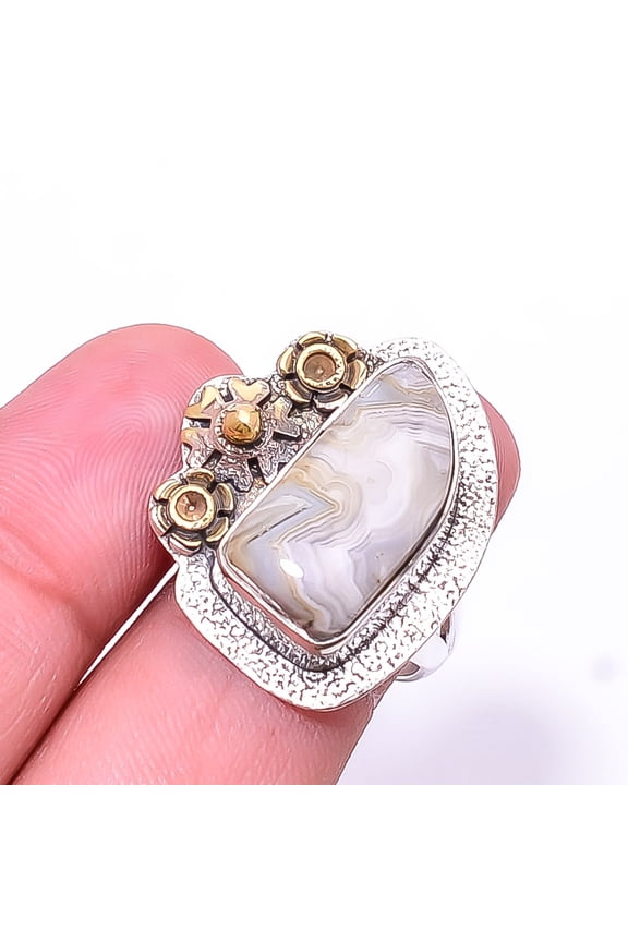 Crazy Lace Agate -Australia Two Tone Designer 925 Sterling Silver Ring s.6.5, Crazy Lace Agate Ring R_9195_382_18
