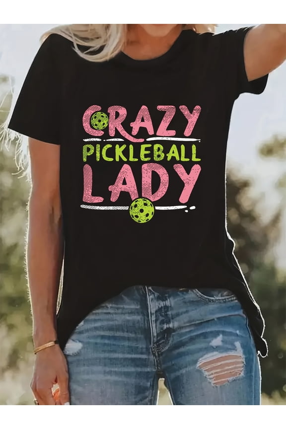 Crazy Lady Print T-Shirt, Women's Casual Crew Neck Short Sleeve Top