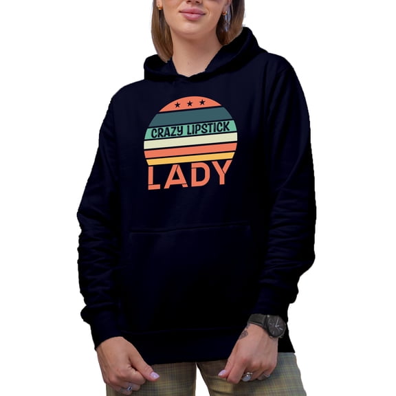 Crazy Lipstick Lady, Title for Lipsticks Lover, Beauty Themed Merch Gift for Makeup Artist or Lovers, Cosmetologists & Beauticians, Navy Blue Hooded Sweatshirt or Hoodie, 2XL