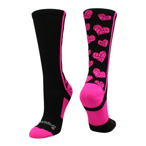 Crazy Love Volleyball Hearts Crew Socks (Black/Neon Pink, Large)
