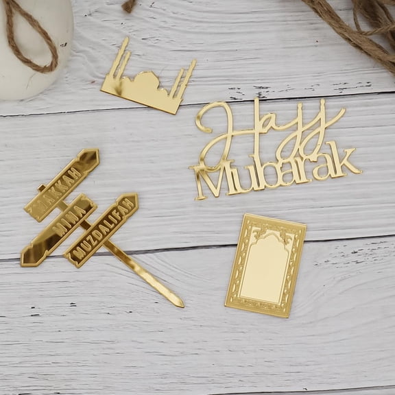 Crazy Night Golden Acrylic Hajj Mubarak Cake Topper pack of 6,Islamic Celebration Decoration for Hajj & Umrah, Elegant Muslim Party Supplies Pack of 4pcs
