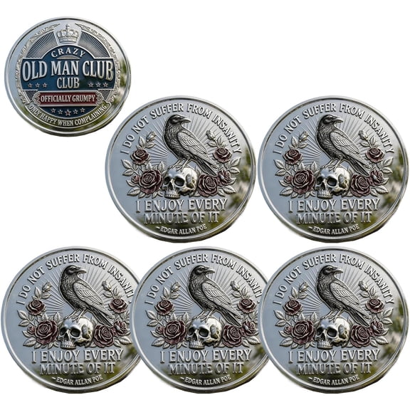 Crazy Old Man Club Humor Challenge Coin, Funny Raven Skull Old Man Club Humor Coins, Double-Sided Skull & Raven Freedom Challenge Coin Novelty Gag Gift for Adults (5PCS)Q