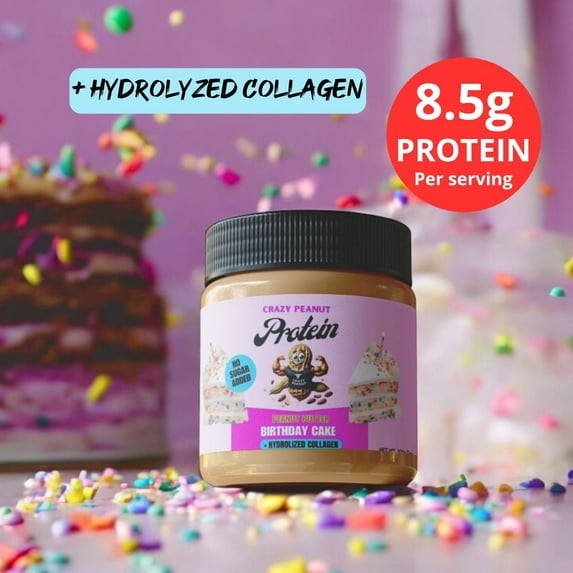 Crazy Peanut, Peanut Butter, High Protein, Birthday Cake + Hydrolyzed Collagen, No sugar Added