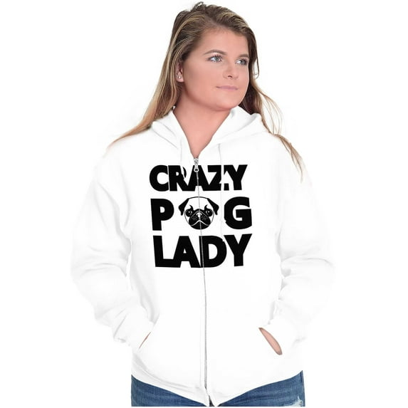 Crazy Pug Lady Dog Pets Owner Rescue Zip Hoodie Sweatshirt Women Brisco Brands S