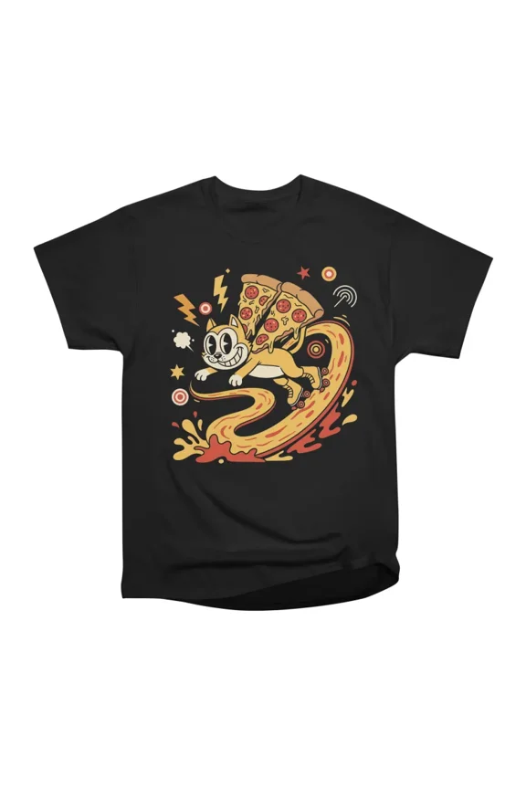Crazy Retro Pizza Surfing Cat T-Shirt Tee Gift For Him Merch For Her Apparel For Friend