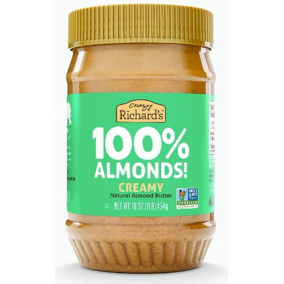 Crazy Richard's 100% All Natural Almond Butter with No Added Sugar and Non-GMO, 16 oz Jar