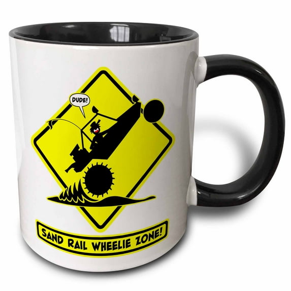 3drose, Crazy Road Sign of the Sand-rail Wheelie Zone, Dude, 11oz Two-tone Black Mug