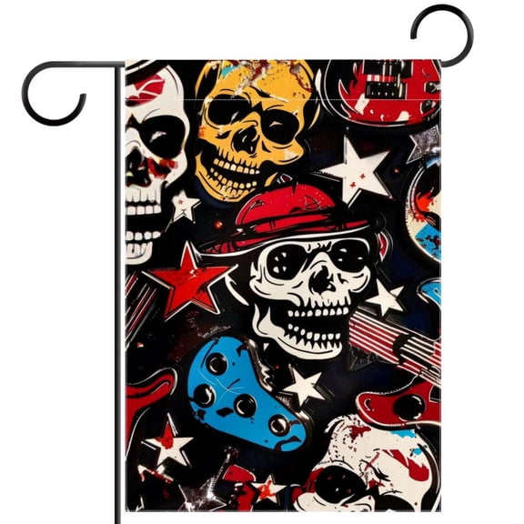 Crazy Rock Abstract Skulls Pins Guitars Rock Disk Stars Lips Garden Flag Double Sided House Flag for Outdoor Home, Personalized All Year Round Yard Decor 12 x 18 Inch