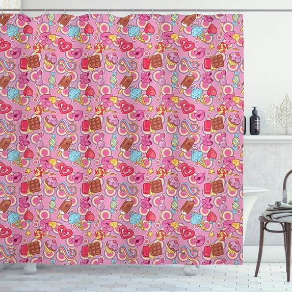Crazy Shower Curtain, Sweets Pattern with Cartoon Style Candies and Chocolate Cartoon Style Colorful Design, Fabric Bathroom Set with Hooks, 69W X 75L Inches Long, Multicolor, by Ambesonne