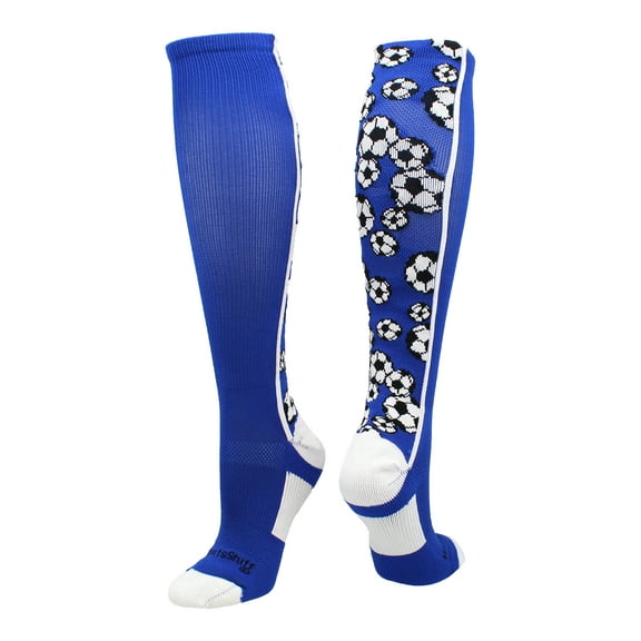 Crazy Soccer Socks with Soccer Balls over the calf (Royal/White, Large)