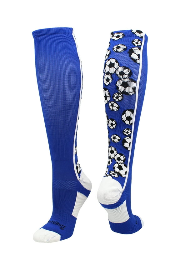 Crazy Soccer Socks with Soccer Balls over the calf (Royal/White, Large)