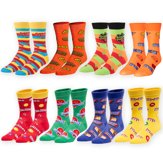 Crazy Socks – Candy-Themed 8-Pack Novelty Crew Sock Bundle – Large – Fun Colorful Candy & Junk Food