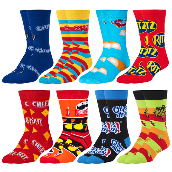 Crazy Socks, Fun Socks for Men Women, Snack Food & Candy, 8 Pair Crew, Large