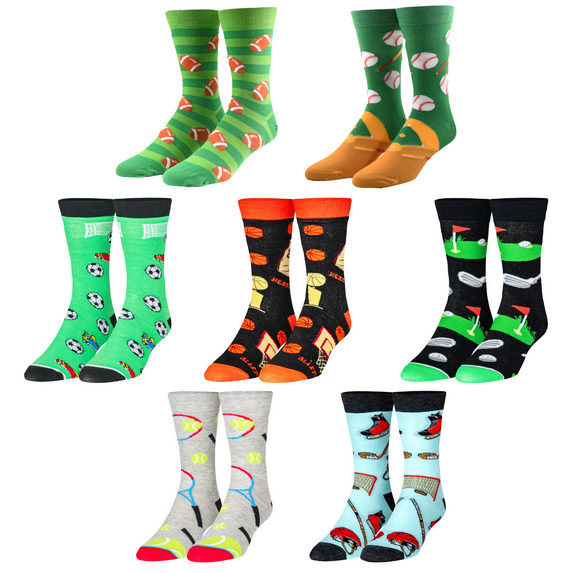 Crazy Socks -Sports Print Crew Socks Gift Set 7-Pack Novelty Value Bundle Size Large for Men & Women