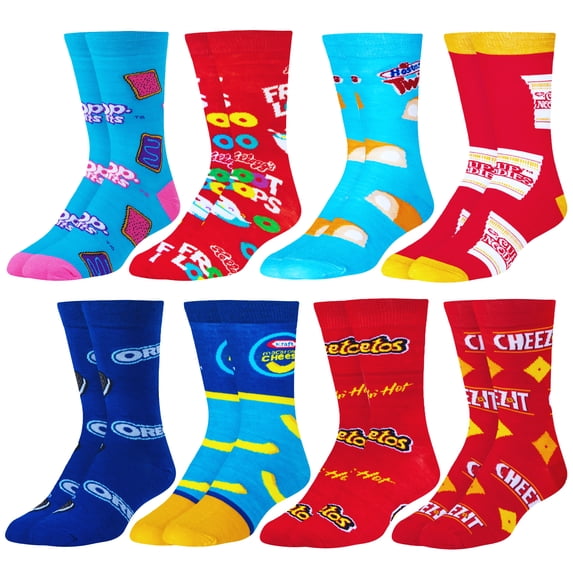 Crazy Socks – In Your Kitchen 8-Pack Novelty Crew Sock Bundle – Large – Fun Junk Food Designs – Soft