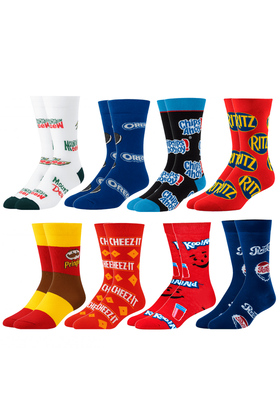– Soda & Snacks Value Pack – 8-Pack Novelty Crew Socks Gift Set for Men,Women & Kid
