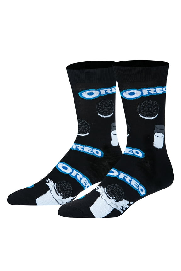 – Oreo Cookies & Milk – Dunked in Glass Design – Novelty Crew Socks – Unisex Large–