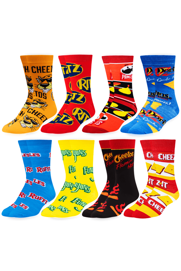 – Snack-Themed 8-Pack Novelty Crew Sock Bundle – Large – Fun Colorful Snack Food Gift
