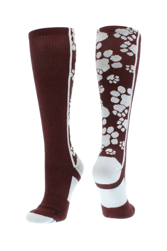 Crazy Socks with Paws Over the Calf (Maroon/White, Large)