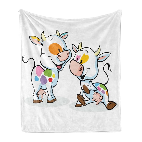 Crazy Soft Flannel Fleece Blanket, Farmland Animals Cartoon Baby Cows with Colorful Spots Nursery Creature Illustration, Cozy Plush for Indoor and Outdoor Use, 60" x 80", Multicolor, by Ambesonne