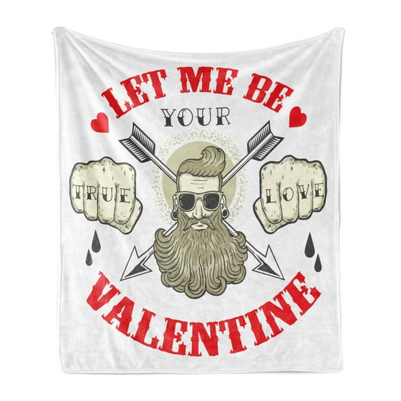 Crazy Soft Flannel Fleece Blanket, True Love and Let Me Be Your Valentine Messages with Beard Man Portrait, Cozy Plush for Indoor and Outdoor Use, 50" x 60", Vermilion Cream Eggshell, by Ambesonne