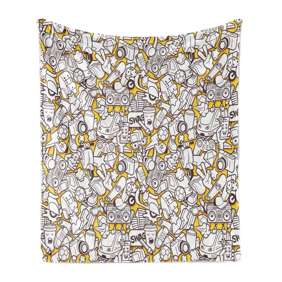 Crazy Soft Flannel Fleece Throw Blanket, Modern Urban Art Graffiti Style Doodle Motifs Train Thunder and Game Console, Cozy Plush for Indoor and Outdoor Use, 50" x 60", Yellow and Brown, by Ambesonne