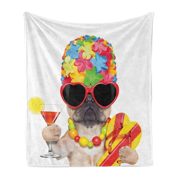 Crazy Soft Flannel Fleece Throw Blanket, Tropical Vacation Themed Dog Flip Flops Sunglasses and Cocktail Exotic Bulldog Pet, Cozy Plush for Indoor and Outdoor Use, 50" x 60", Multicolor, by Ambesonne