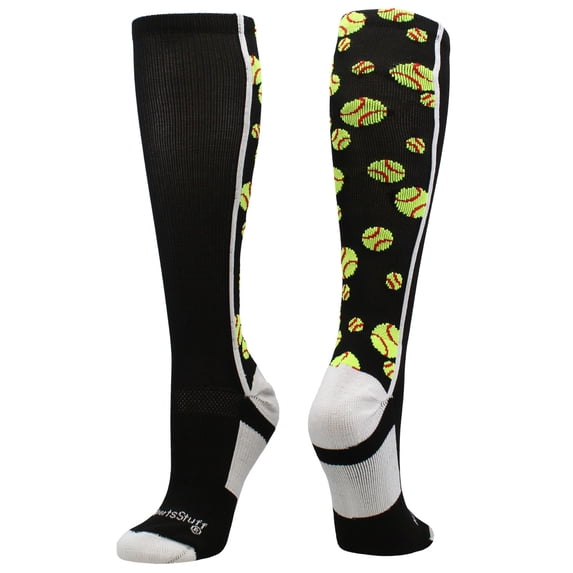 Crazy Softball Socks with Softballs over the calf (Black/White, Medium)