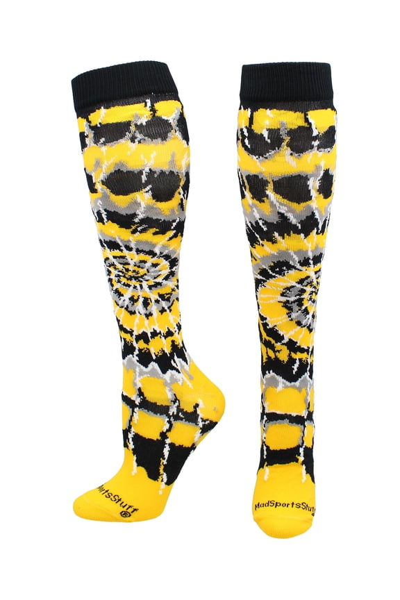 Crazy Tie Dye Socks Over the Calf (Black/Gold/White, Medium)