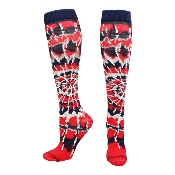 Crazy Tie Dye Socks Over the Calf (Navy/Red/White, Small)