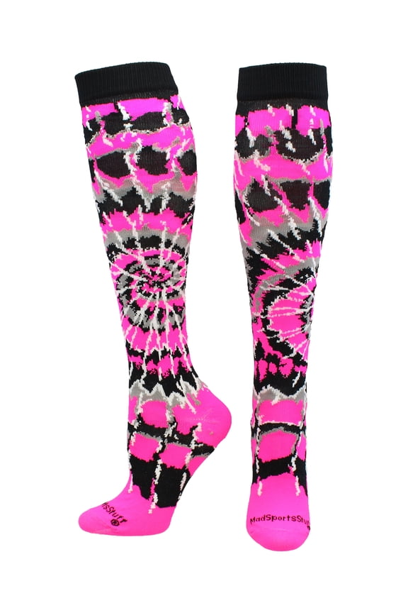 Crazy Tie Dye Socks Over the Calf (Neon Pink/Black/White, Small)