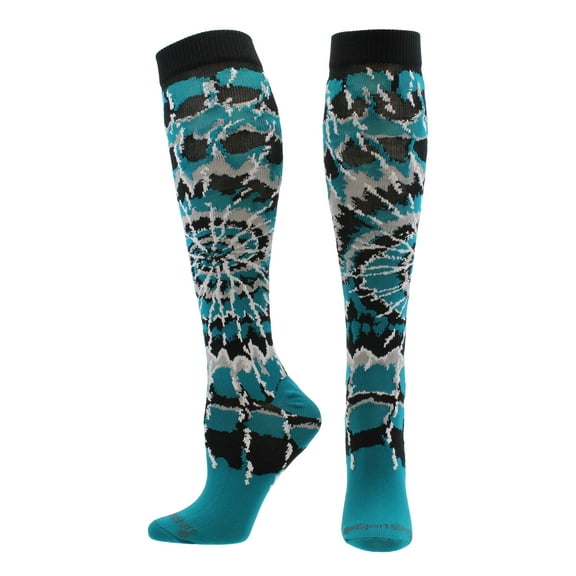 Crazy Tie Dye Socks Over the Calf (Teal/Black/White, Large)
