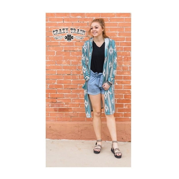 Crazy Train Aztec Hooded Cardigan Geometric Lightweight Jacket Turquoise Blue S-L