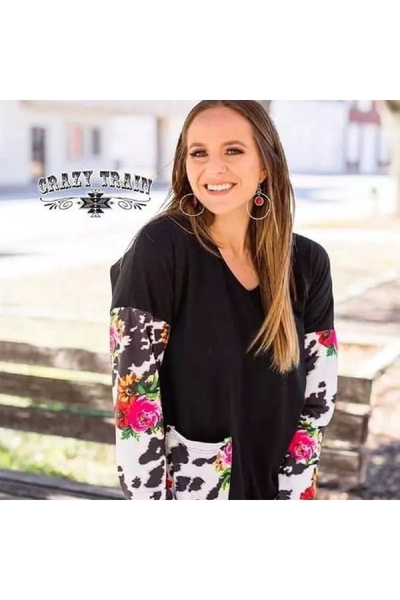 Cow Leopard Rose Shirt Long Sleeve Top Clothing FLower Floral Black