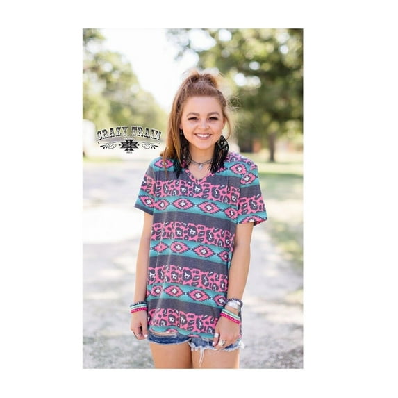 Crazy Train Leopard Aztec Shirt Womens Cheetah Short Sleeve Top Pink Turquoise