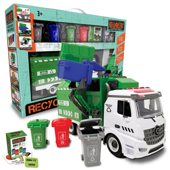 Crazy Truck: Recycling Truck - Lights & Sounds City Vehicle Toy Set, Pull Back Action, Trash Cans, Info Flash Cards, Realistic Mechanical Arm, Kids 3+