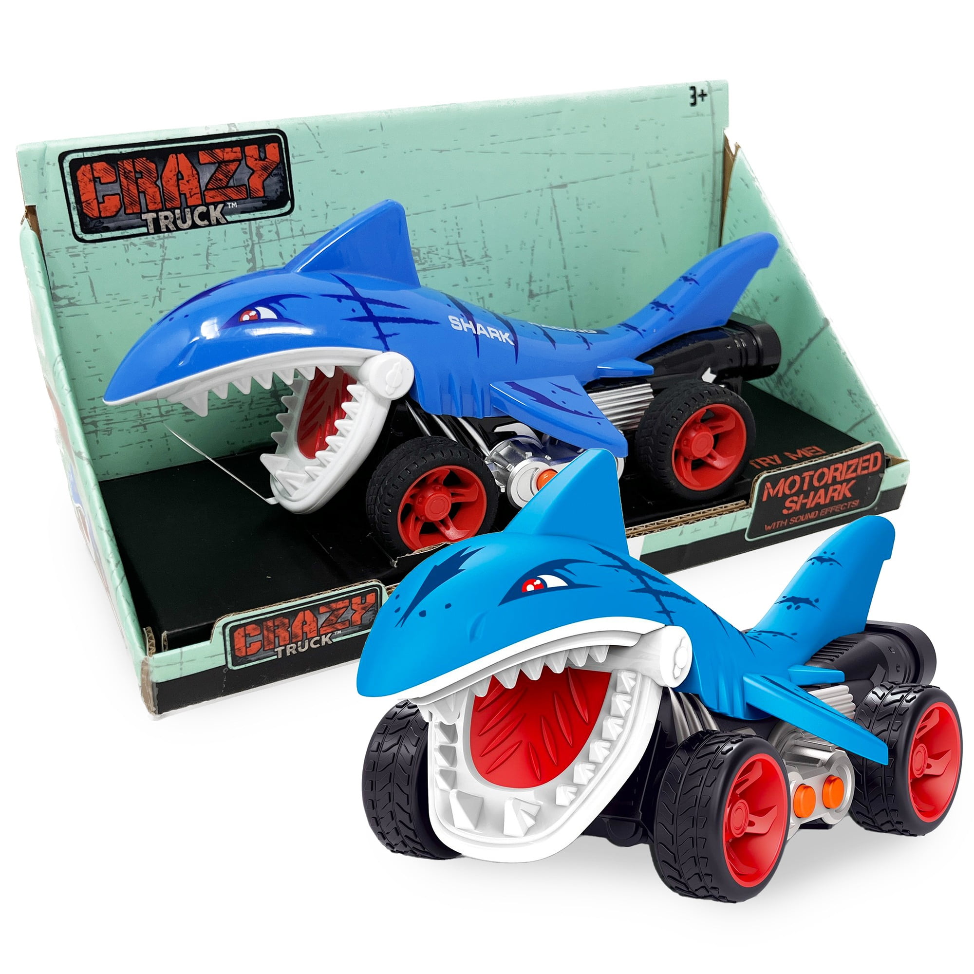 Crazy Truck: Motorized Shark - Blue - Fish-Shaped Toy Vehicle, Sound Effects, Stunts & Tricks, Rubber Tires, Ocean Animal Racing Action, Kids 3+