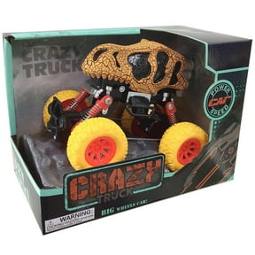Crazy Truck: Big Wheels Dinosaur Truck - Orange & Black Skull - 4.5" Friction-Powered Toy Car, Shock Suspension, 360 Stunts & Tricks Vehicle, Kids 3+