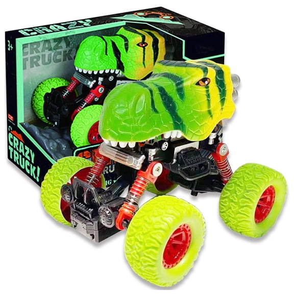 Crazy Truck: Big Wheels Dinosaur Truck - Green & Yellow Skull - 4.5" Friction-Powered Toy Car, Shock Suspension, 360 Stunts & Tricks Vehicle, Kids 3+