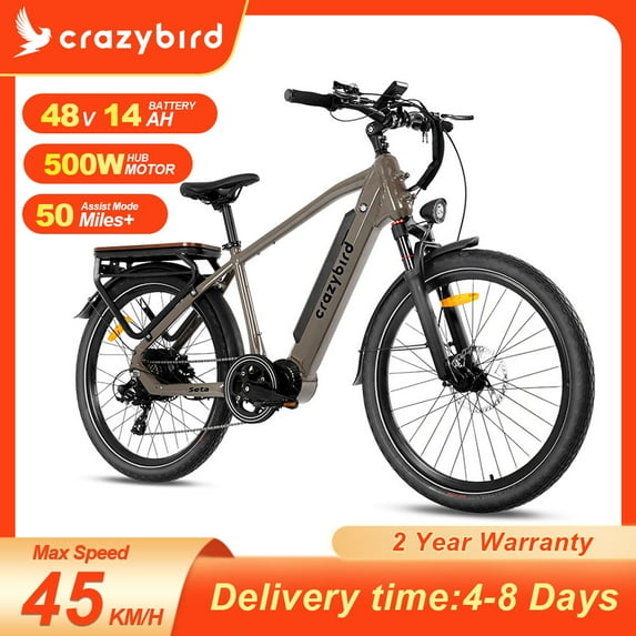 Crazybird Electric Bike for Adults 500W Motor Peak E-bike 48V/14 Ah Removable Battery Electric bicycle with 7-Speed 26" Electric Mountain Bike Front Suspension Up to 50 Miles Grey