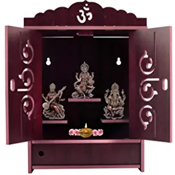 Crazyink Handmade Wooden Home Temple with Doors and Storage Box. - (Maroon)