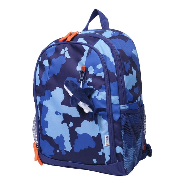 Crckt Kids Boys 15" School Backpack with Plush Dangle, Blue Camo Print