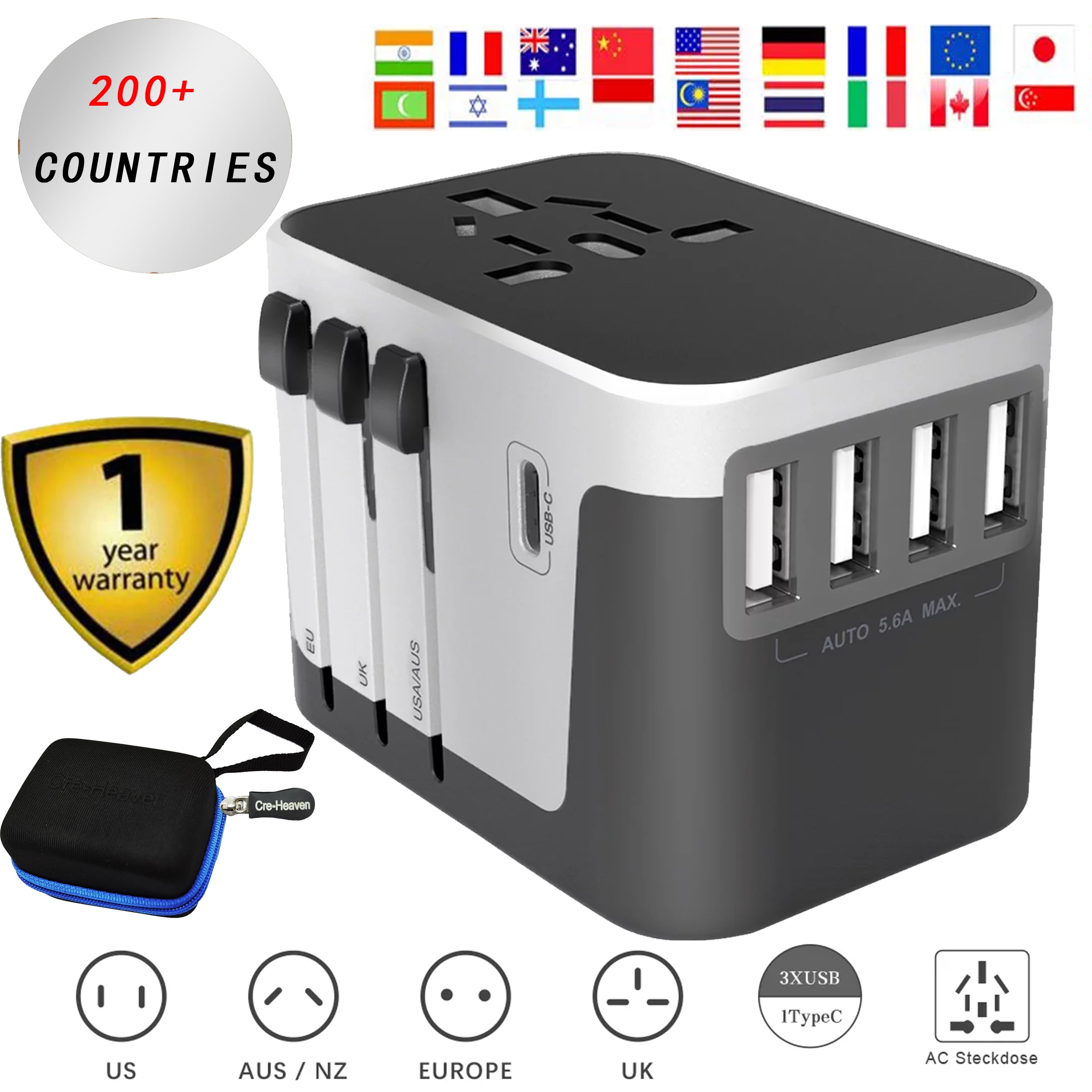 Cre-Heaven All-in-one Universal Travel Adapter Worldwide 220v to 110v  Converter,Power Adapter Travel Charger International Plug Adapter 4 USB  Ports,for Europe UK AUS Asia Japan Covers 200+Countries 