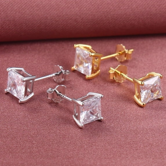 Cre-Heaven S925 Silver Square Stud Earrings Fashion Zircon Earrings Four Claw Princess Square Set Crystal earrings 8mm