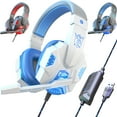 thumbnail image 1 of Cre-Heaven Stereo Gaming Headset for Laptop Mac Nintendo NES Games White Blue,PS4 PC PS5 headset with Mic,LED Light,Bass Surround,Soft Memory Earmuffs, 1 of 8