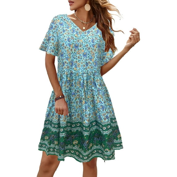 Cre-Heaven Women's Floral Print V Neck Dress Short Puff Sleeve Tie Front Ruffle Hem Flare Short Dress Green