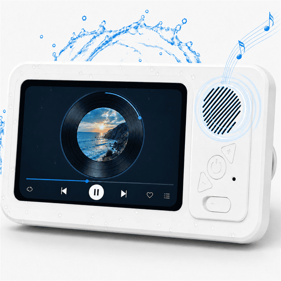CreWear Waterproof Shower Phone Holder with Bluetooth Speaker, IPX5 Wall-Mounted Case, Touch-Sensitive Screen, Fits Smartphones up to 7 Inches, White