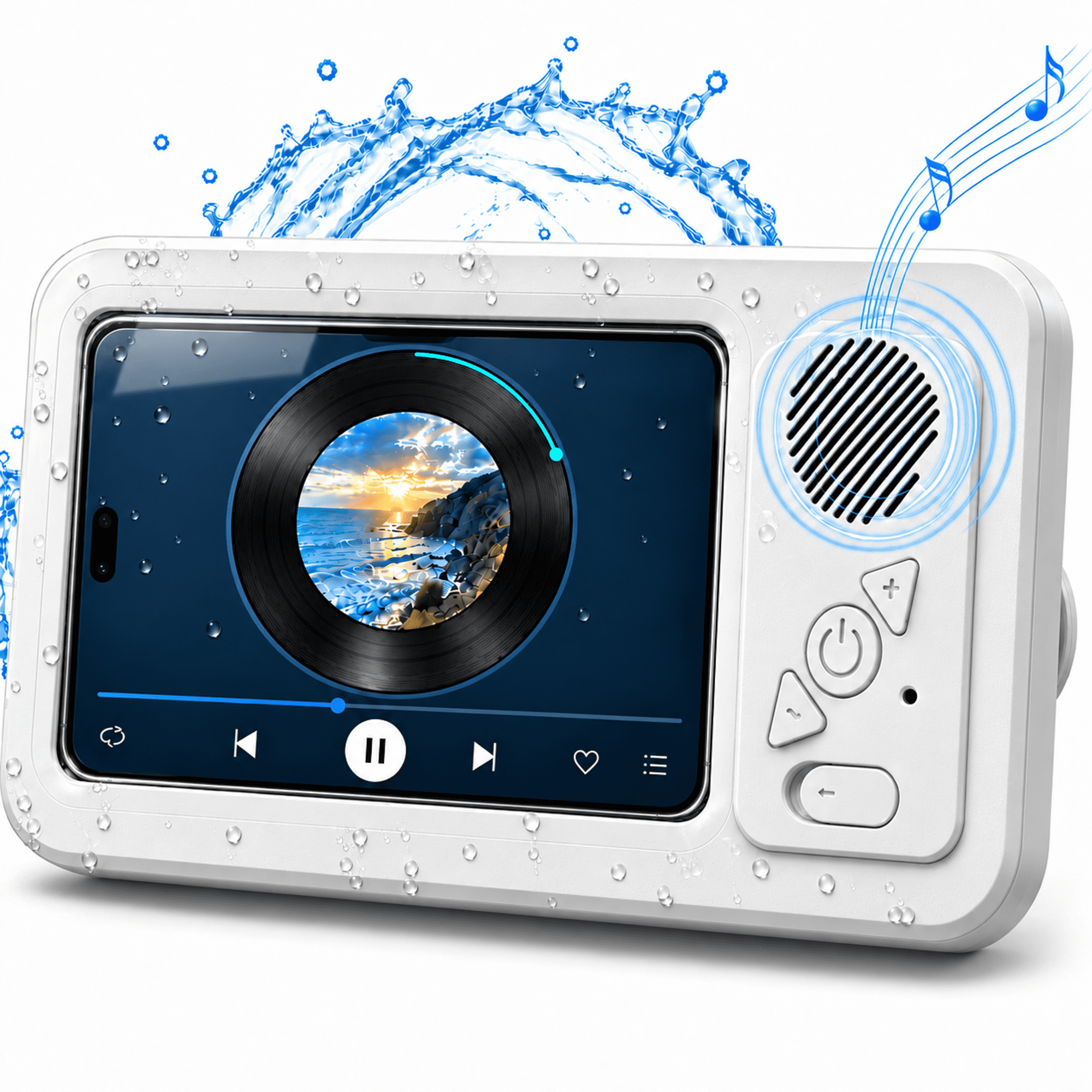 CreWear Waterproof Shower Phone Holder with Bluetooth Speaker, IPX5 Wall-Mounted Case, Touch-Sensitive Screen, Fits Smartphones up to 7 Inches, White