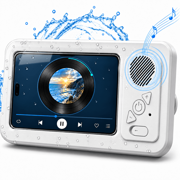 CreWear Waterproof Shower Phone Holder with Bluetooth Speaker, IPX5 Wall-Mounted Case, Touch-Sensitive Screen, Fits Smartphones up to 7 Inches, White